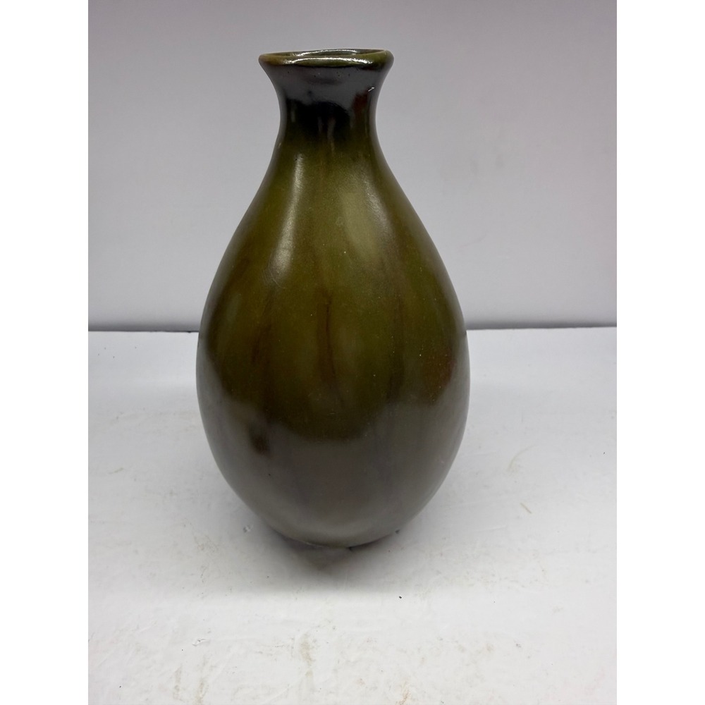 Vintage Olive Green Glazed Ceramic Teardrop Vase Mid Century Modern Decor 8.5in